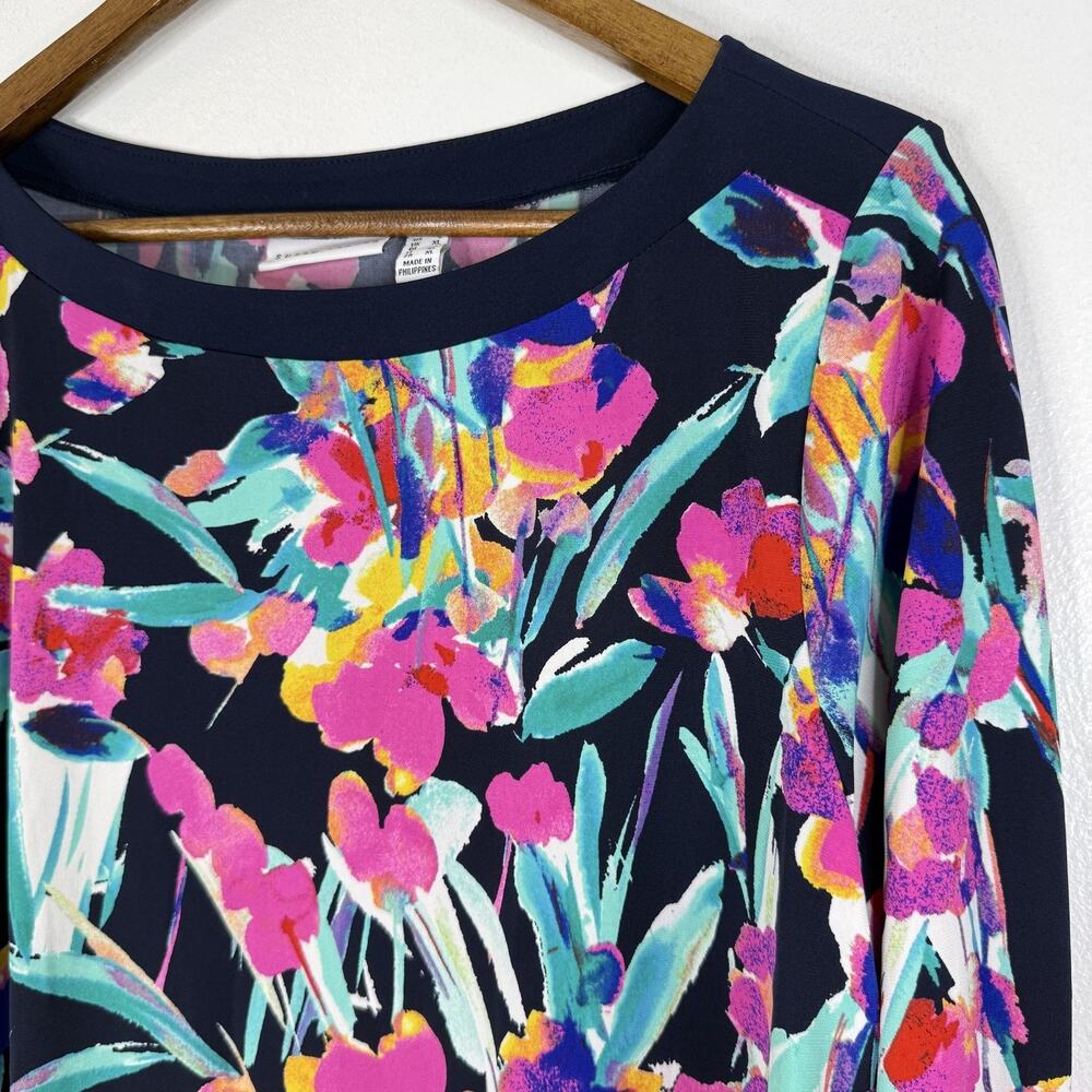 Susan Graver Asymmetric Top L Blue Floral Print 3/4 Sleeve Stretch Tunic Blouse